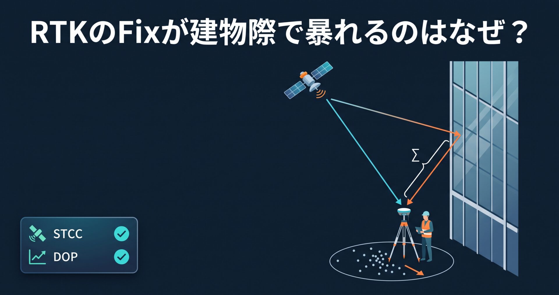 マルチパスによってRTKのFixが不安定になる状況の図解